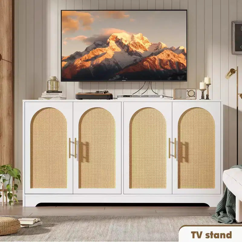 Meuble Buffet Vaisselier – Grand Bahut de Rangement avec 4 Portes en Rotin, Meuble Console Moderne pour Salon, Cuisine, Couloir