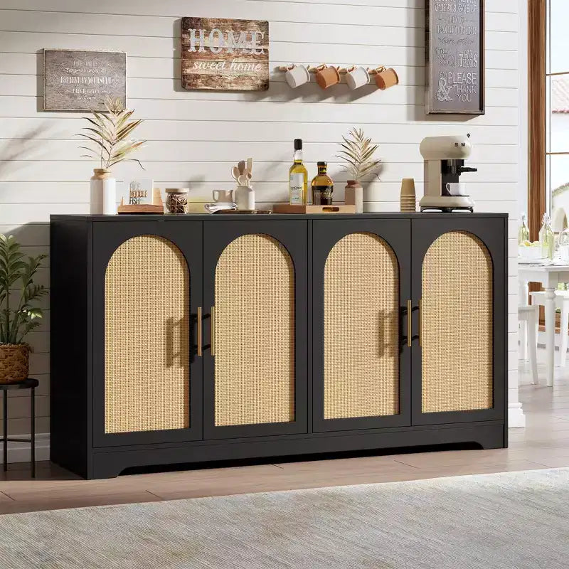 Meuble Buffet Vaisselier – Grand Bahut de Rangement avec 4 Portes en Rotin, Meuble Console Moderne pour Salon, Cuisine, Couloir