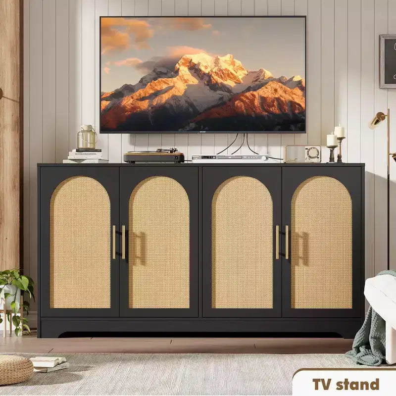 Meuble Buffet Vaisselier – Grand Bahut de Rangement avec 4 Portes en Rotin, Meuble Console Moderne pour Salon, Cuisine, Couloir