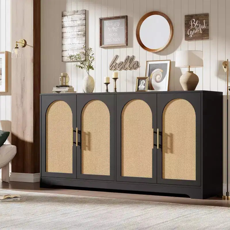 Meuble Buffet Vaisselier – Grand Bahut de Rangement avec 4 Portes en Rotin, Meuble Console Moderne pour Salon, Cuisine, Couloir