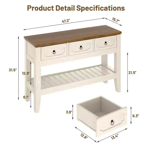 Acekool 47 Console avec tiroirs, Table d'entrée rustique de ferme avec étagère inférieure et pieds en bois massif pour l'entrée, le salon
