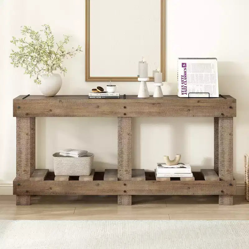 Console vintage avec étagère inférieure et 6 pieds, table de canapé de 63 pouces de long avec décor de rivets métalliques pour couloir et salon
