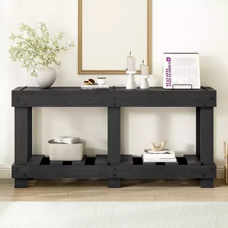 Console vintage avec étagère inférieure et 6 pieds, table de canapé de 63 pouces de long avec décor de rivets métalliques pour couloir et salon