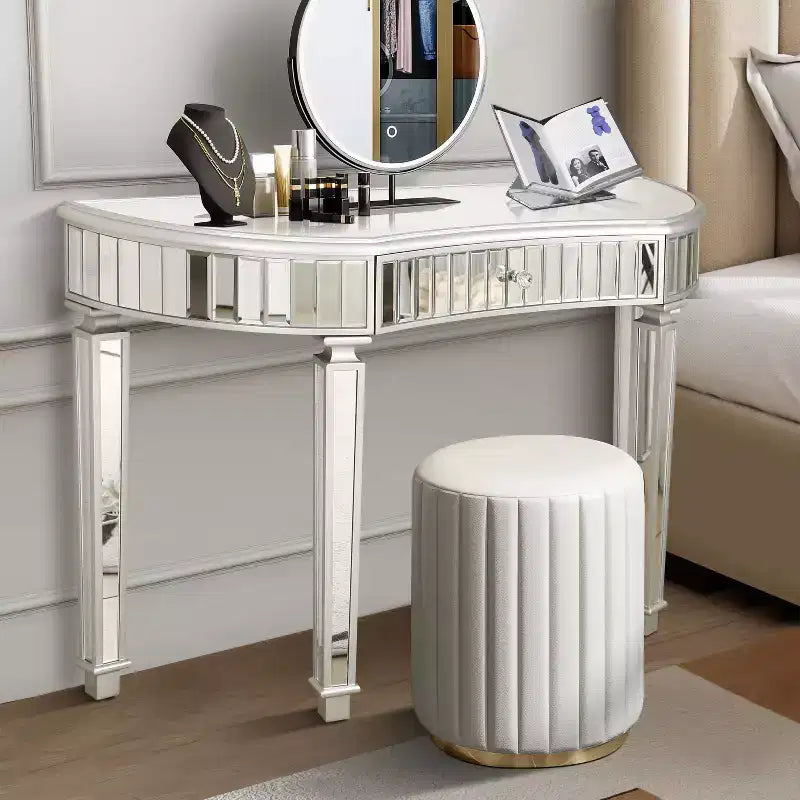 TUYOHW 47 Table console miroir avec 2 tiroirs, table d'entrée demi-lune en verre cannelé avec bouton en cristal, coiffeuse pour chambre à coucher, salon