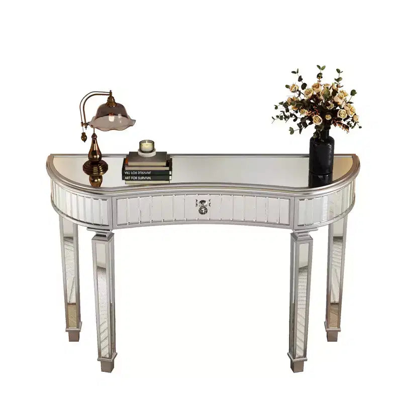 TUYOHW 47 Table console miroir avec 2 tiroirs, table d'entrée demi-lune en verre cannelé avec bouton en cristal, coiffeuse pour chambre à coucher, salon