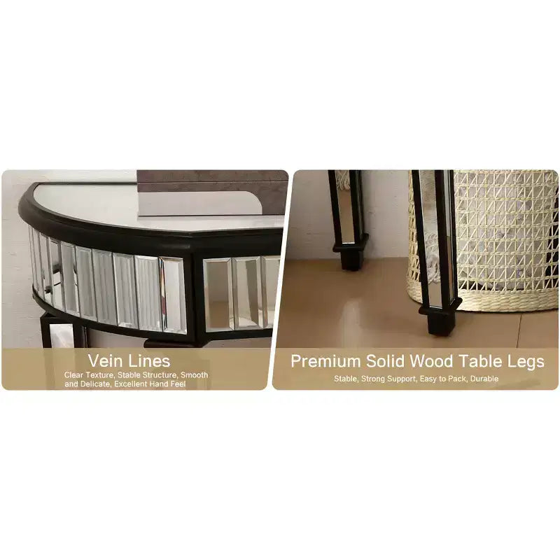 TUYOHW 47 Table console miroir avec 2 tiroirs, table d'entrée demi-lune en verre cannelé avec bouton en cristal, coiffeuse pour chambre à coucher, salon