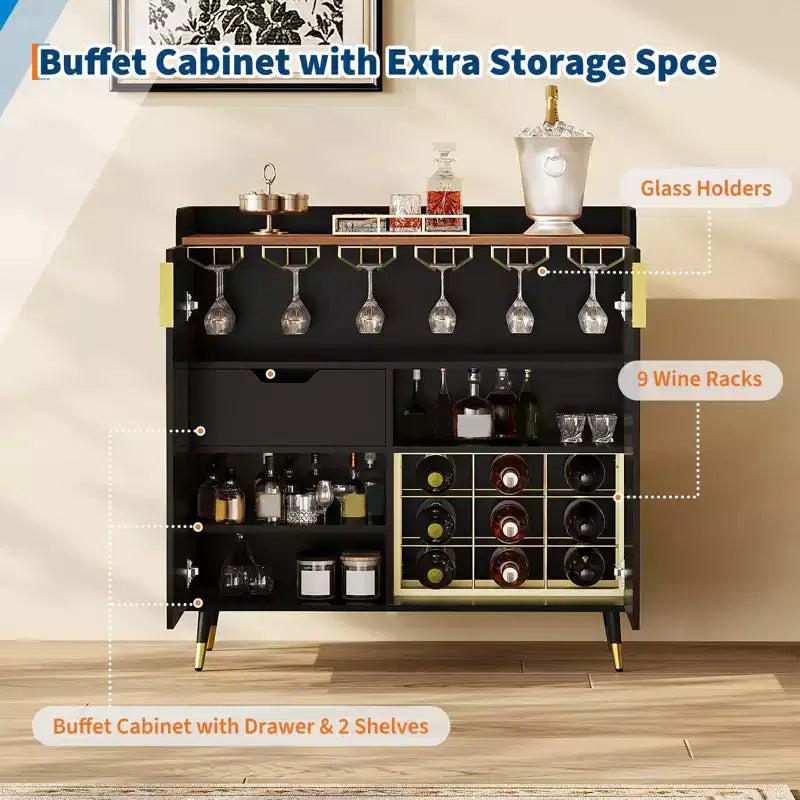 Vitrine COZONY avec porte vitrée, meuble de rangement autoportant avec porte-verres et tiroirs