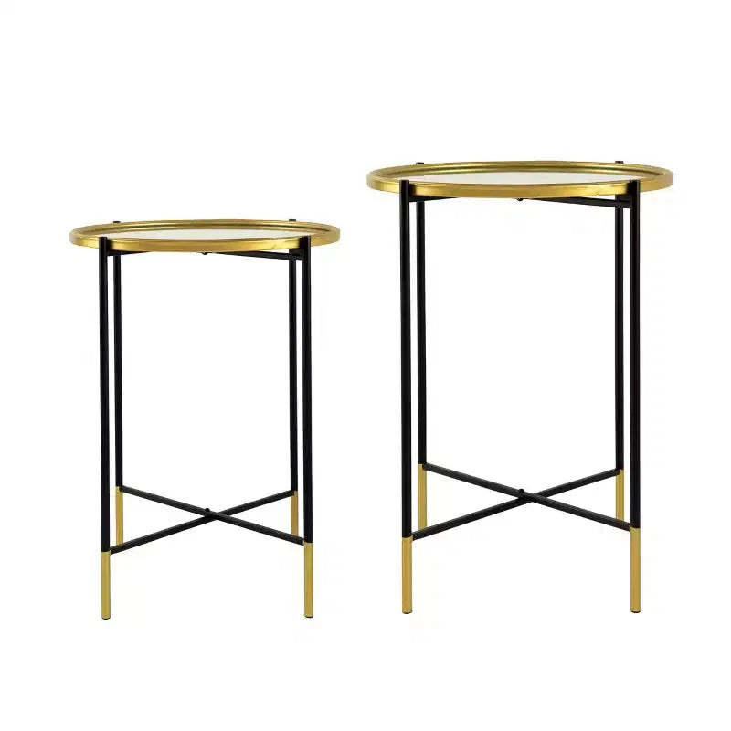 Ensemble de 2 tables d'appoint en fer doré et noir avec plateau en verre