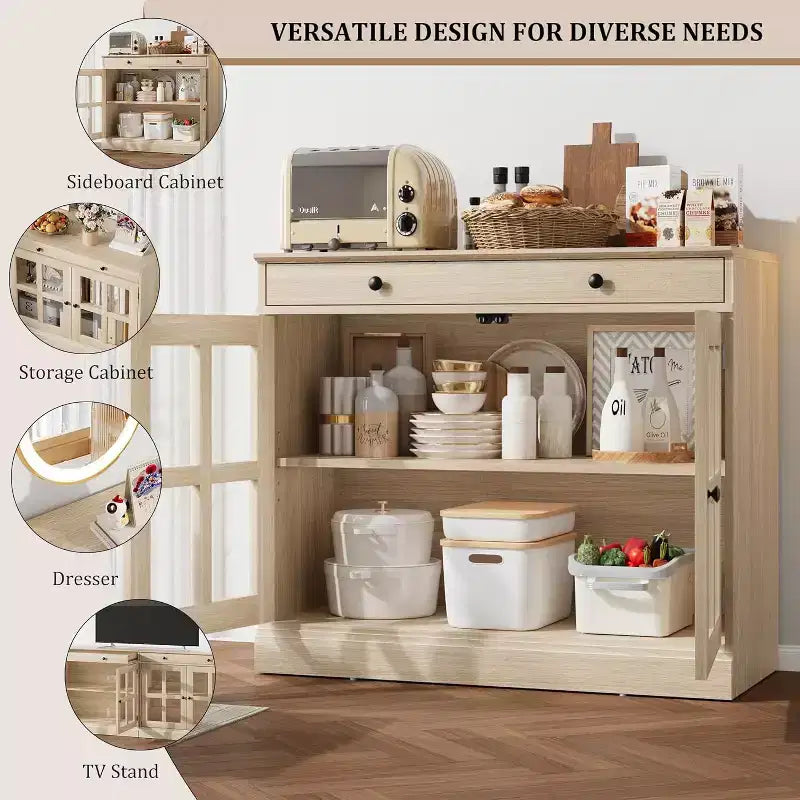 Bahut buffet 35,4W avec porte vitrée et tiroir, meuble de rangement réglable pour salle à manger, cuisine ou salon