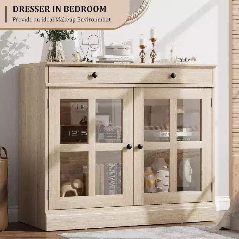 Bahut buffet 35,4W avec porte vitrée et tiroir, meuble de rangement réglable pour salle à manger, cuisine ou salon