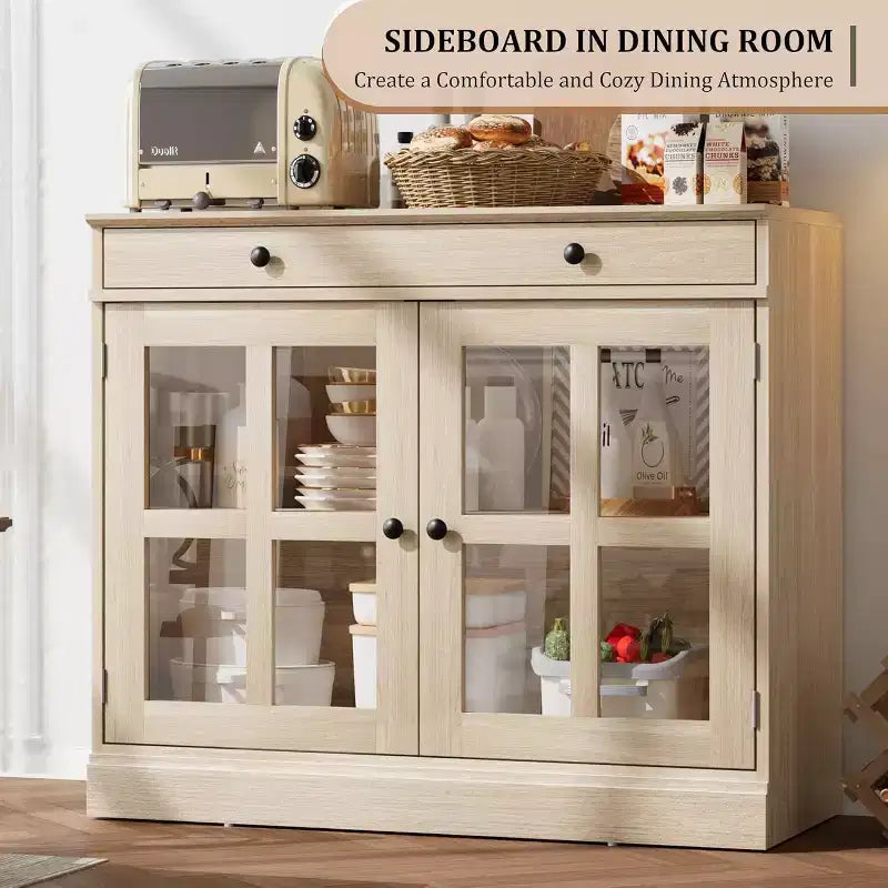 Bahut buffet 35,4W avec porte vitrée et tiroir, meuble de rangement réglable pour salle à manger, cuisine ou salon