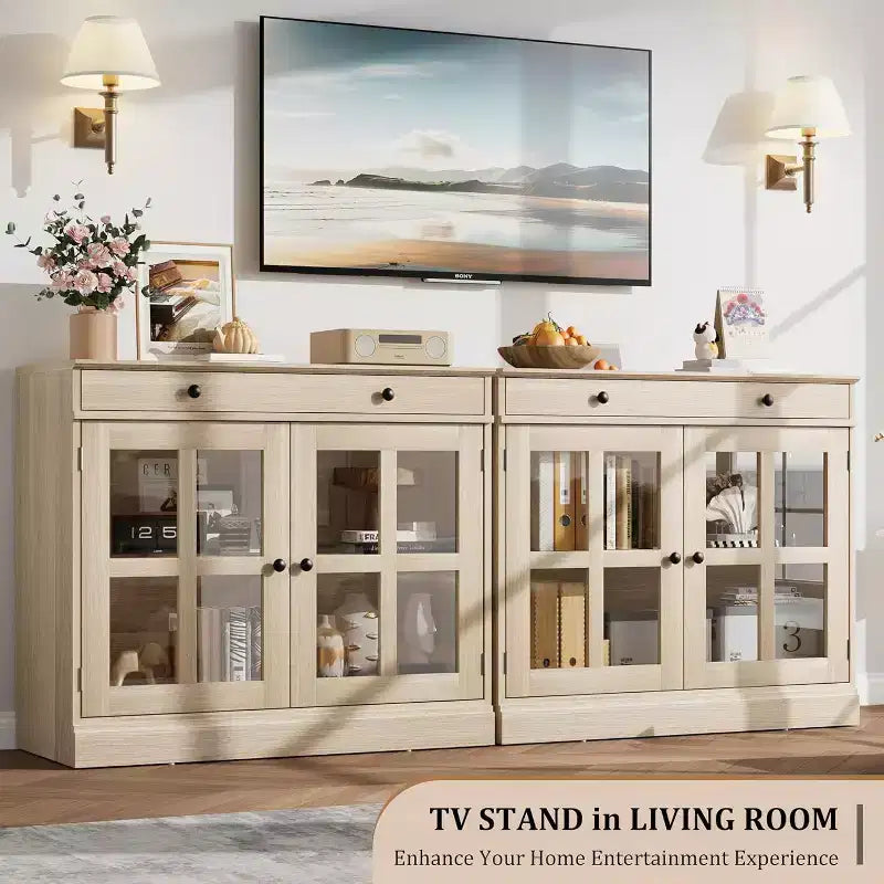 Bahut buffet 35,4W avec porte vitrée et tiroir, meuble de rangement réglable pour salle à manger, cuisine ou salon