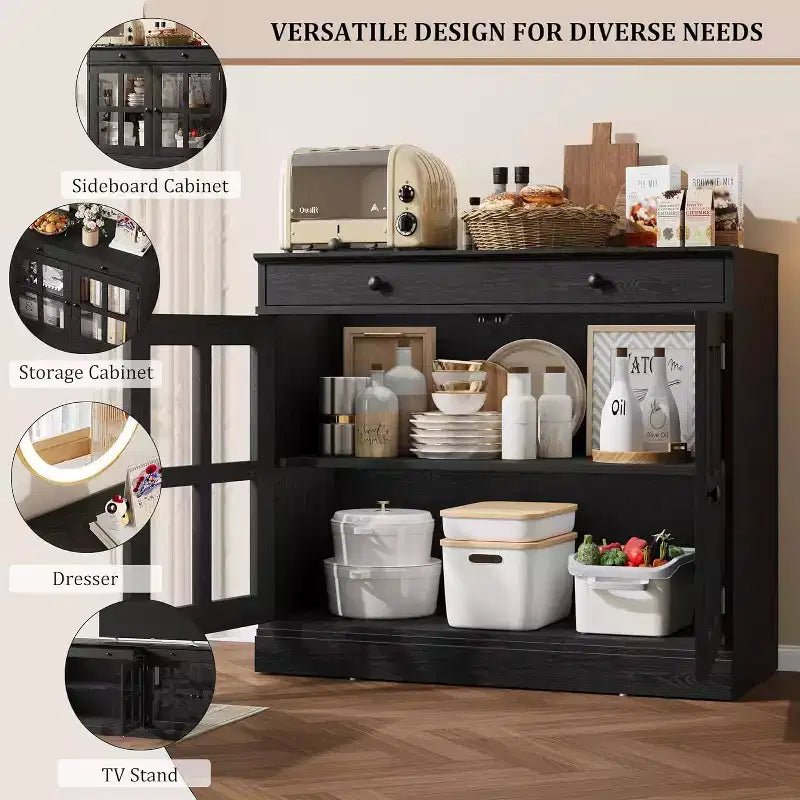 Bahut buffet 35,4W avec porte vitrée et tiroir, meuble de rangement réglable pour salle à manger, cuisine ou salon