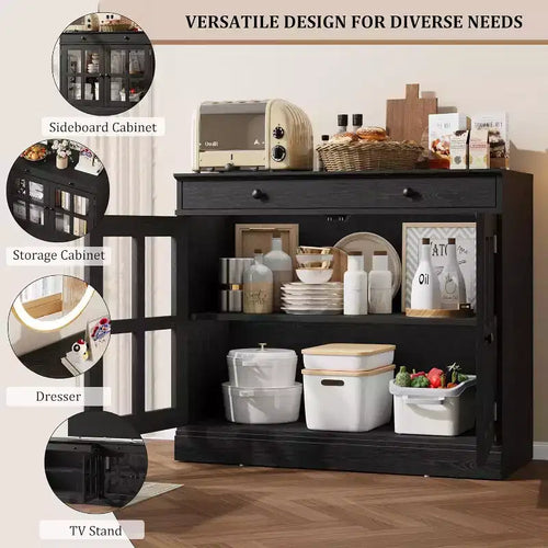 Bahut buffet 35,4W avec porte vitrée et tiroir, meuble de rangement réglable pour salle à manger, cuisine ou salon