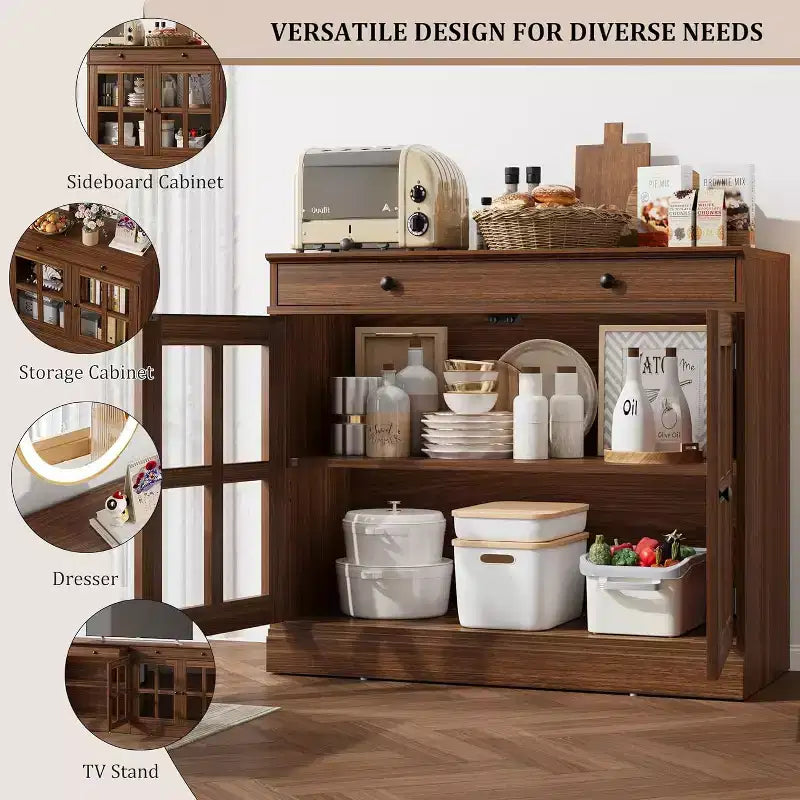 Bahut buffet 35,4W avec porte vitrée et tiroir, meuble de rangement réglable pour salle à manger, cuisine ou salon