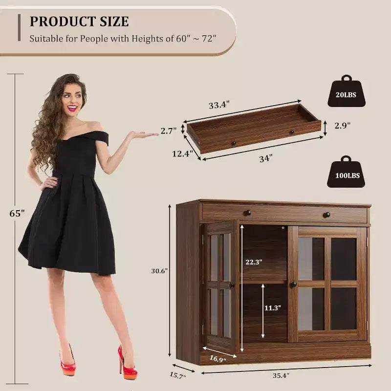 Bahut buffet 35,4W avec porte vitrée et tiroir, meuble de rangement réglable pour salle à manger, cuisine ou salon