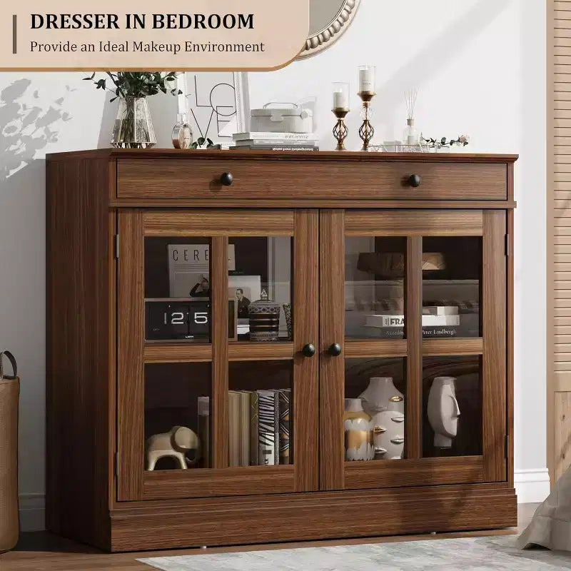 Bahut buffet 35,4W avec porte vitrée et tiroir, meuble de rangement réglable pour salle à manger, cuisine ou salon