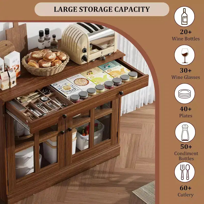 Bahut buffet 35,4W avec porte vitrée et tiroir, meuble de rangement réglable pour salle à manger, cuisine ou salon