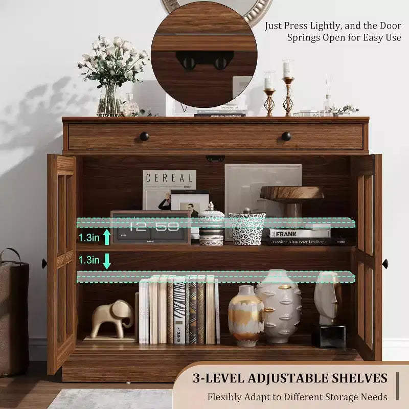 Bahut buffet 35,4W avec porte vitrée et tiroir, meuble de rangement réglable pour salle à manger, cuisine ou salon