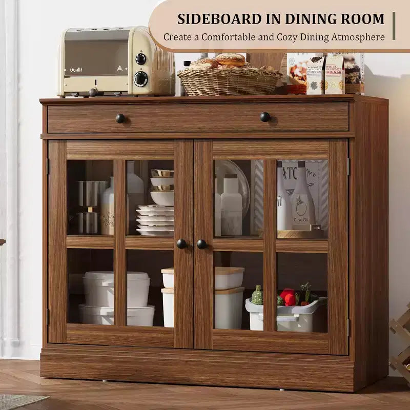 Bahut buffet 35,4W avec porte vitrée et tiroir, meuble de rangement réglable pour salle à manger, cuisine ou salon
