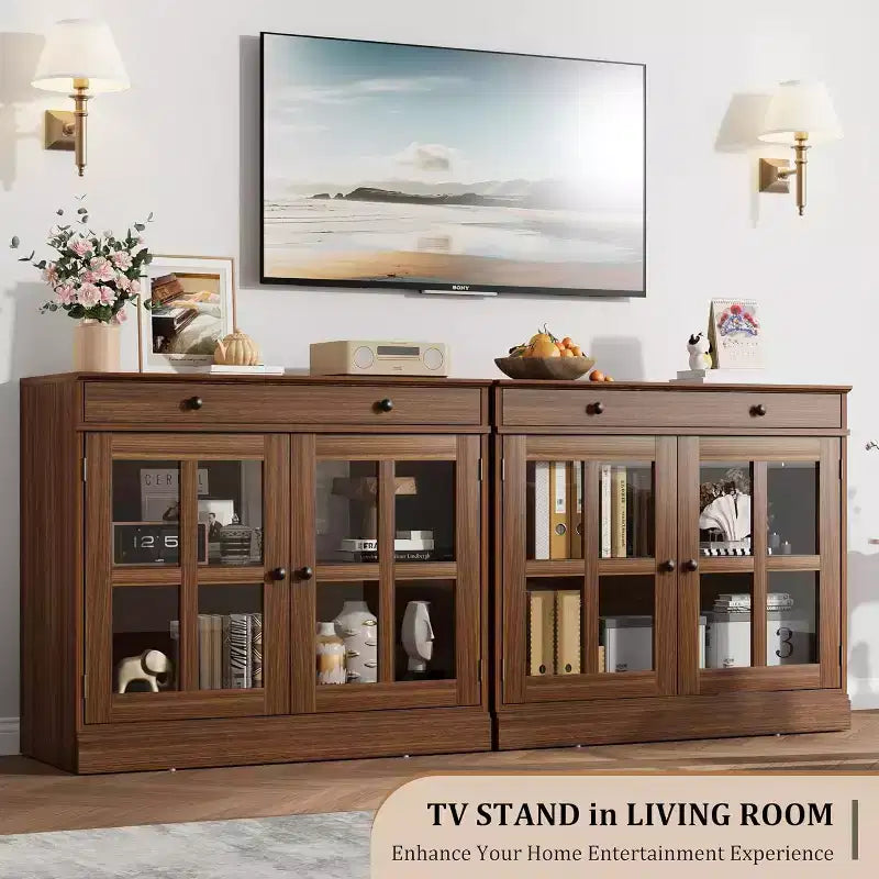 Bahut buffet 35,4W avec porte vitrée et tiroir, meuble de rangement réglable pour salle à manger, cuisine ou salon