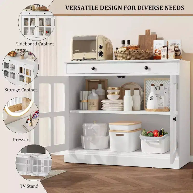 Bahut buffet 35,4W avec porte vitrée et tiroir, meuble de rangement réglable pour salle à manger, cuisine ou salon