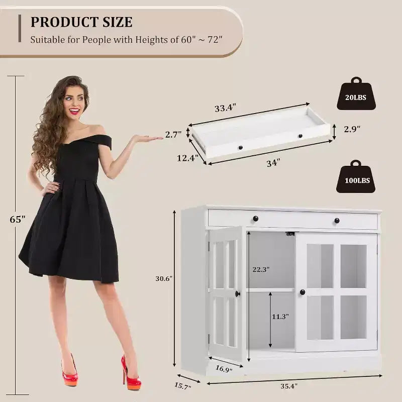 Bahut buffet 35,4W avec porte vitrée et tiroir, meuble de rangement réglable pour salle à manger, cuisine ou salon