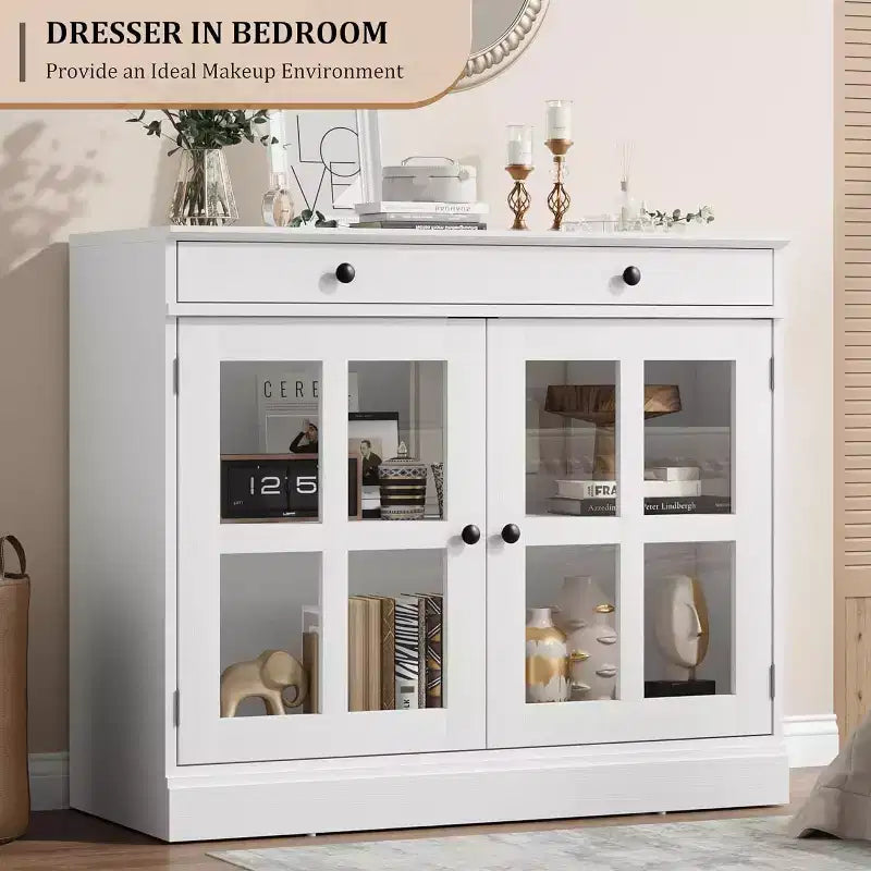 Bahut buffet 35,4W avec porte vitrée et tiroir, meuble de rangement réglable pour salle à manger, cuisine ou salon