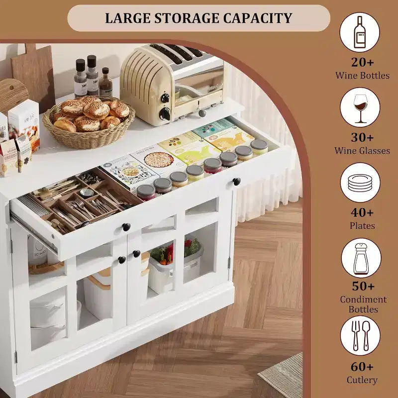 Bahut buffet 35,4W avec porte vitrée et tiroir, meuble de rangement réglable pour salle à manger, cuisine ou salon