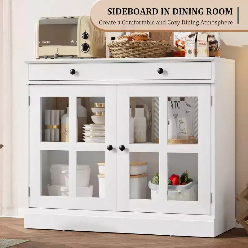 Bahut buffet 35,4W avec porte vitrée et tiroir, meuble de rangement réglable pour salle à manger, cuisine ou salon