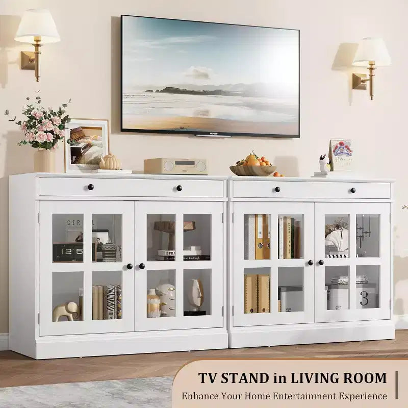 Bahut buffet 35,4W avec porte vitrée et tiroir, meuble de rangement réglable pour salle à manger, cuisine ou salon