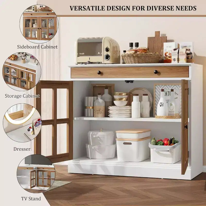Bahut buffet 35,4W avec porte vitrée et tiroir, meuble de rangement réglable pour salle à manger, cuisine ou salon