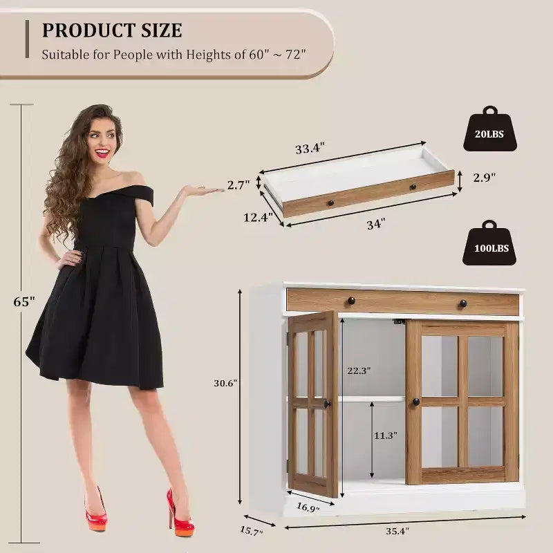 Bahut buffet 35,4W avec porte vitrée et tiroir, meuble de rangement réglable pour salle à manger, cuisine ou salon