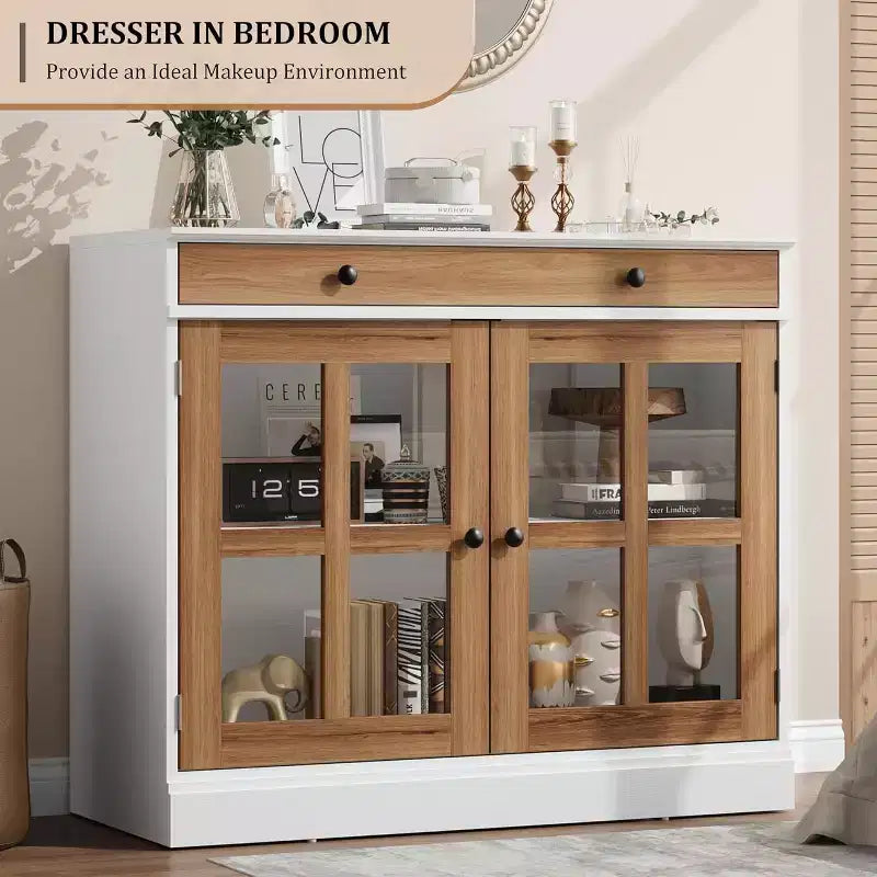 Bahut buffet 35,4W avec porte vitrée et tiroir, meuble de rangement réglable pour salle à manger, cuisine ou salon