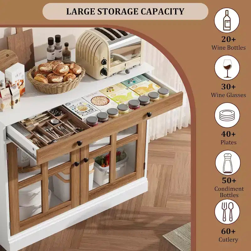 Bahut buffet 35,4W avec porte vitrée et tiroir, meuble de rangement réglable pour salle à manger, cuisine ou salon