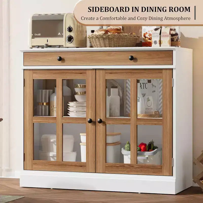 Bahut buffet 35,4W avec porte vitrée et tiroir, meuble de rangement réglable pour salle à manger, cuisine ou salon