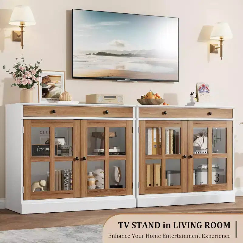Bahut buffet 35,4W avec porte vitrée et tiroir, meuble de rangement réglable pour salle à manger, cuisine ou salon