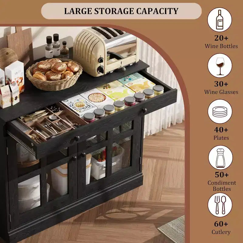Bahut buffet 35,4W avec porte vitrée et tiroir, meuble de rangement réglable pour salle à manger, cuisine ou salon