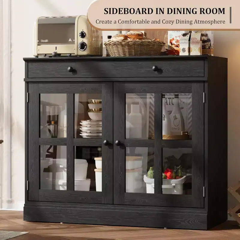 Bahut buffet 35,4W avec porte vitrée et tiroir, meuble de rangement réglable pour salle à manger, cuisine ou salon