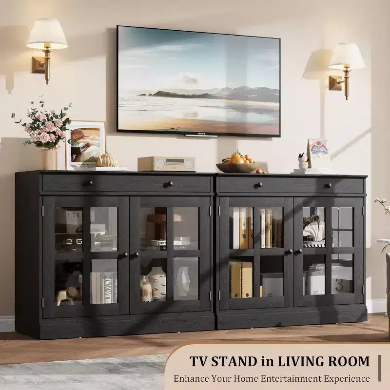 Bahut buffet 35,4W avec porte vitrée et tiroir, meuble de rangement réglable pour salle à manger, cuisine ou salon