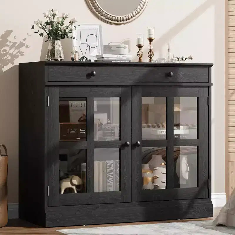 35.4W Sideboard Buffet Cabinet with Glass Door and Drawer, Adjustable Storage Cabinet for Dining Room, Kitchen or Living Room