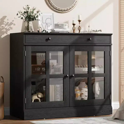 35.4W Sideboard Buffet Cabinet with Glass Door and Drawer, Adjustable Storage Cabinet for Dining Room, Kitchen or Living Room