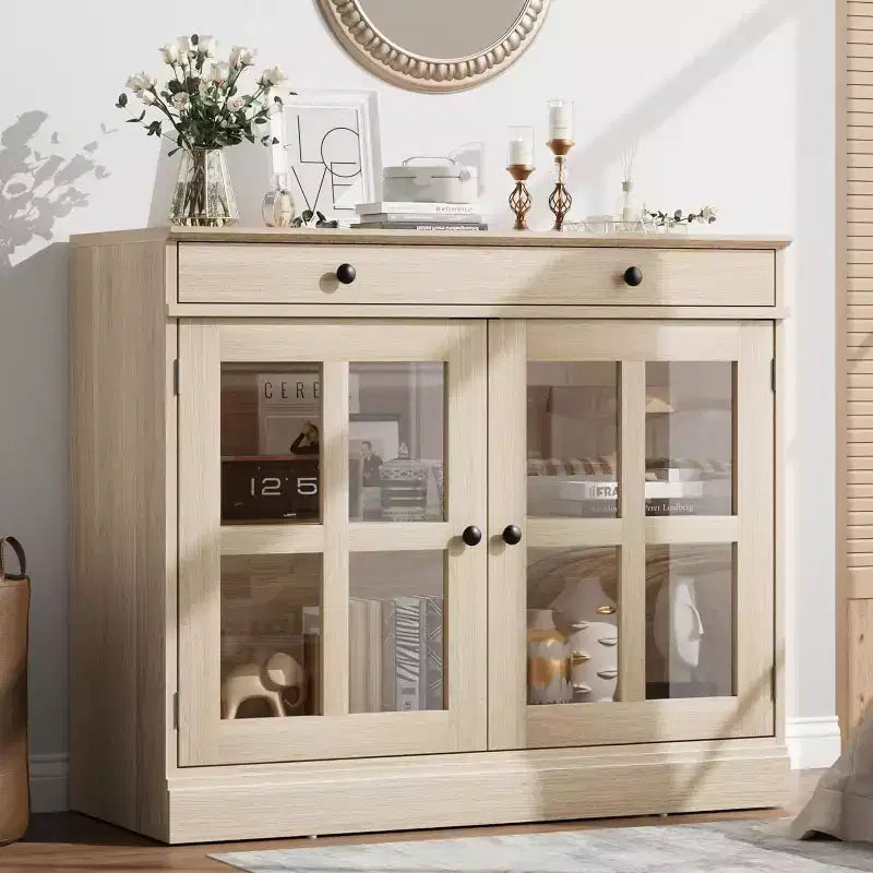 Bahut buffet 35,4W avec porte vitrée et tiroir, meuble de rangement réglable pour salle à manger, cuisine ou salon