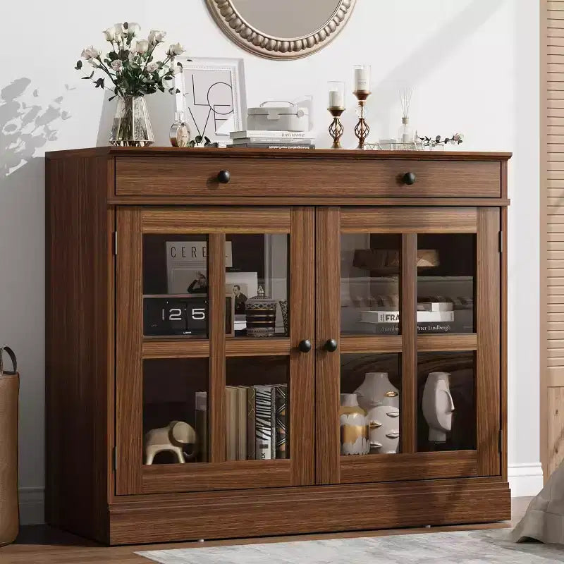Bahut buffet 35,4W avec porte vitrée et tiroir, meuble de rangement réglable pour salle à manger, cuisine ou salon