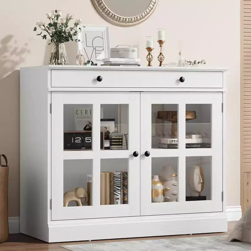 Bahut buffet 35,4W avec porte vitrée et tiroir, meuble de rangement réglable pour salle à manger, cuisine ou salon