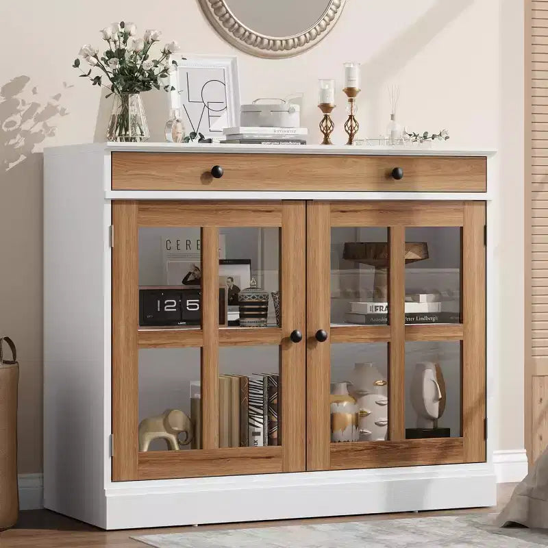 Bahut buffet 35,4W avec porte vitrée et tiroir, meuble de rangement réglable pour salle à manger, cuisine ou salon