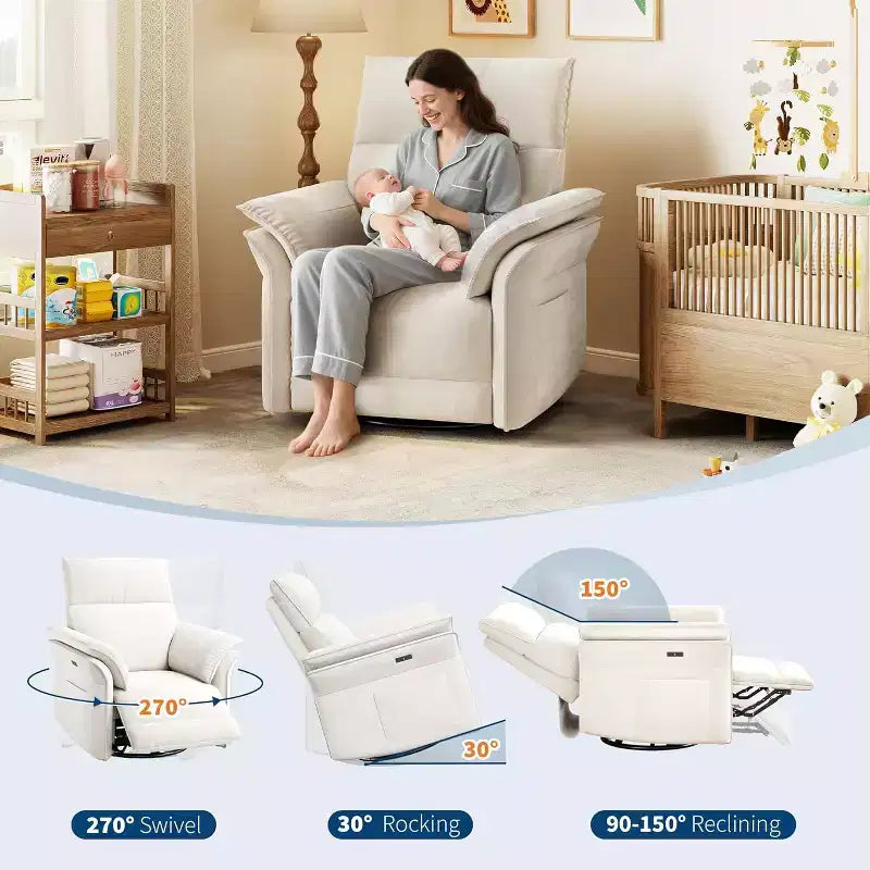 Fauteuil inclinable électrique avec port USB, fauteuil à bascule pivotant à 270° avec assise large et tissu chenille, pour salon ou chambre de bébé