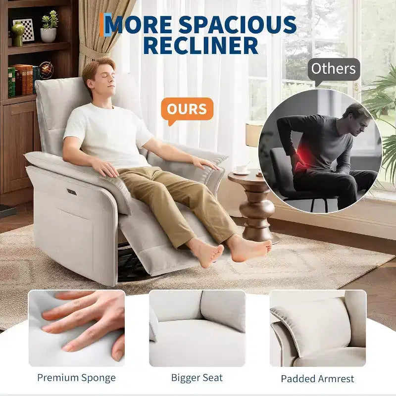 Fauteuil inclinable électrique avec port USB, fauteuil à bascule pivotant à 270° avec assise large et tissu chenille, pour salon ou chambre de bébé