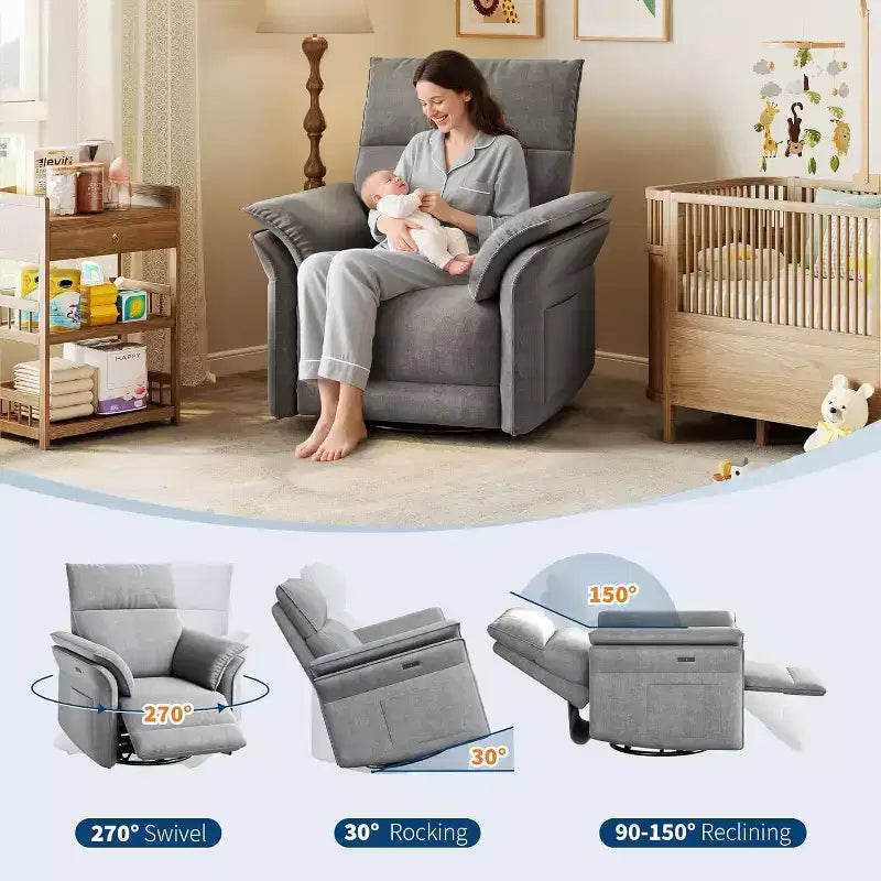 Fauteuil inclinable électrique avec port USB, fauteuil à bascule pivotant à 270° avec assise large et tissu chenille, pour salon ou chambre de bébé