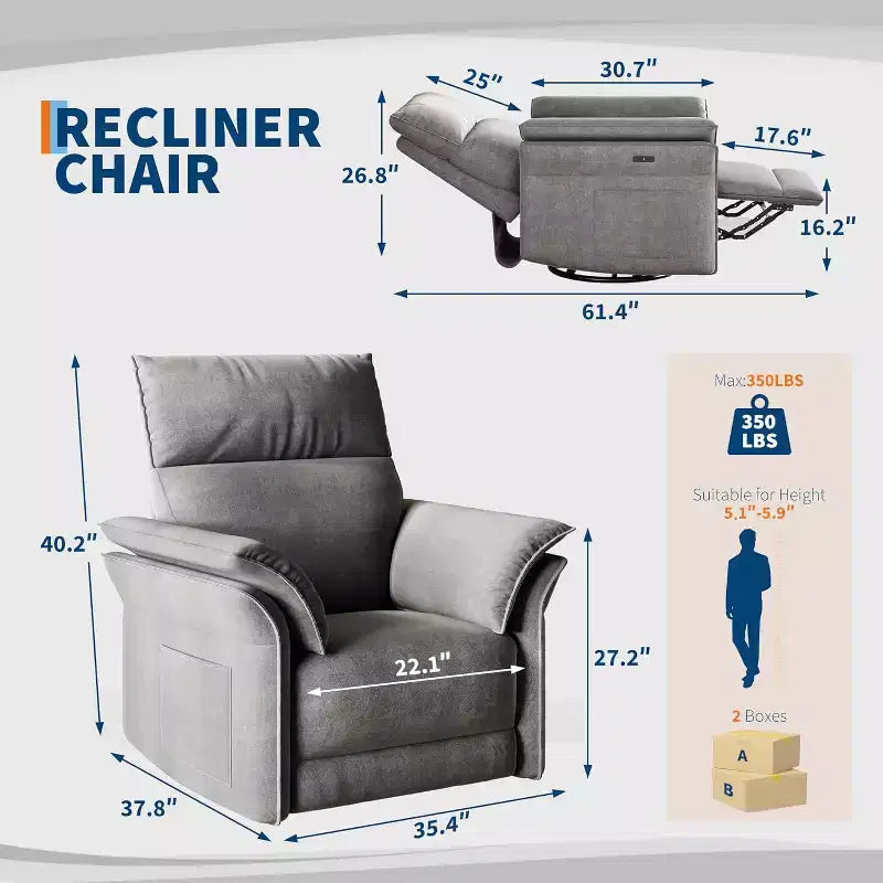 Fauteuil inclinable électrique avec port USB, fauteuil à bascule pivotant à 270° avec assise large et tissu chenille, pour salon ou chambre de bébé